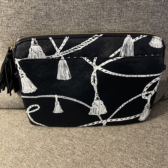 Chicos Blue and white Tassel Large Zip Pouch Makeup/Travel medium size clutch - Picture 7 of 7